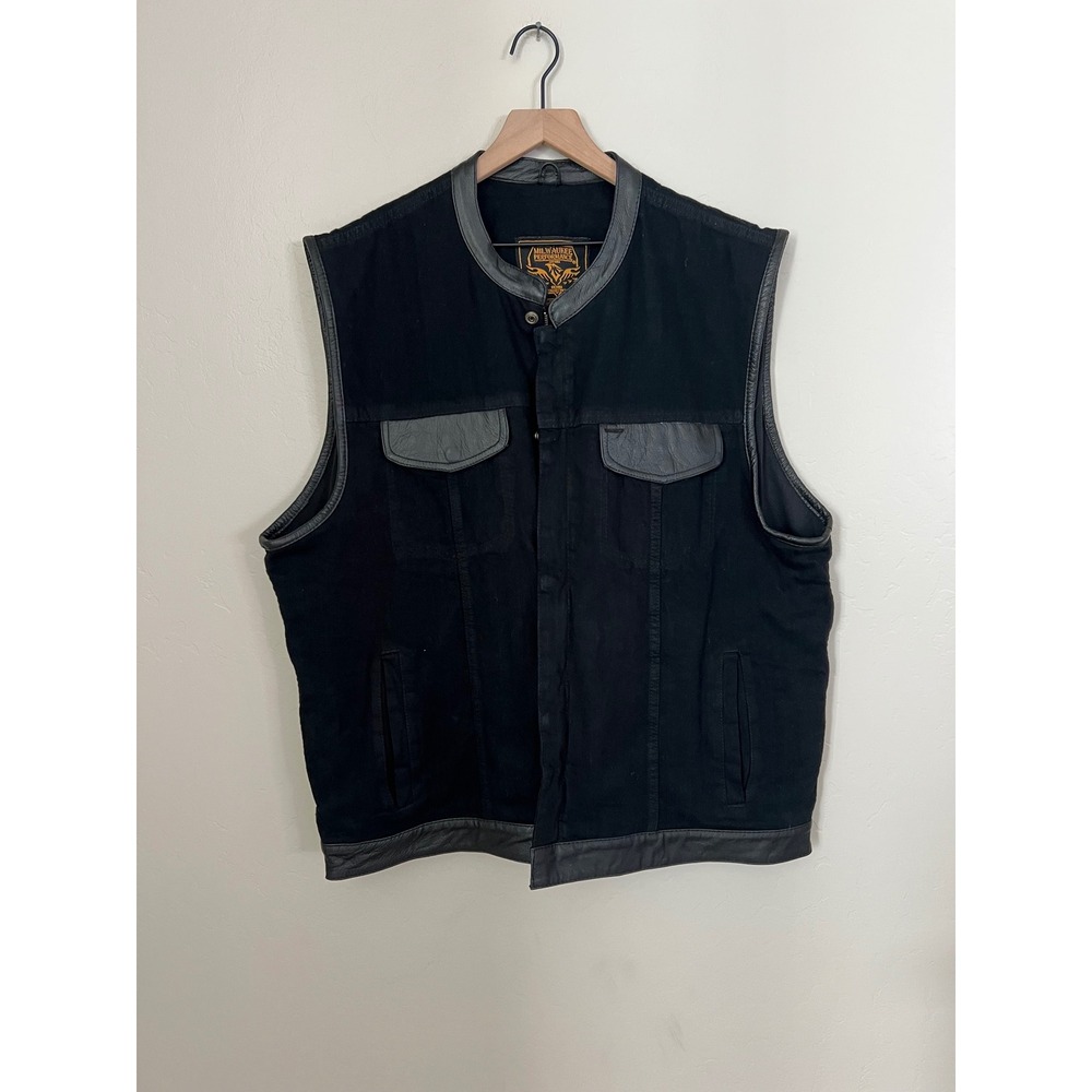 Milwaukee Performance Mens Black Denim Club Style Leather Trim Biker Vest 4XL